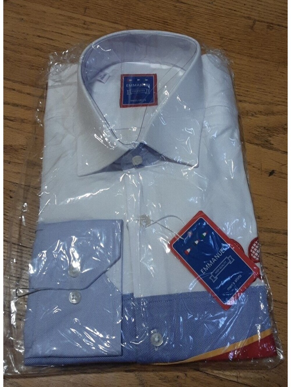 Emmanuel Men's Shirt Long Sleeve L Slim Fit White Blue Patriots Style